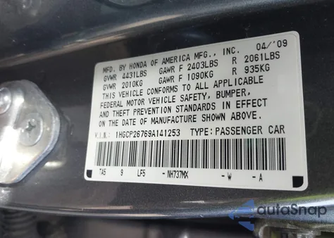 2009 Honda Accord 2.4 Ex z USA, uszkodzony, nr VIN 1HGCP26769A141253